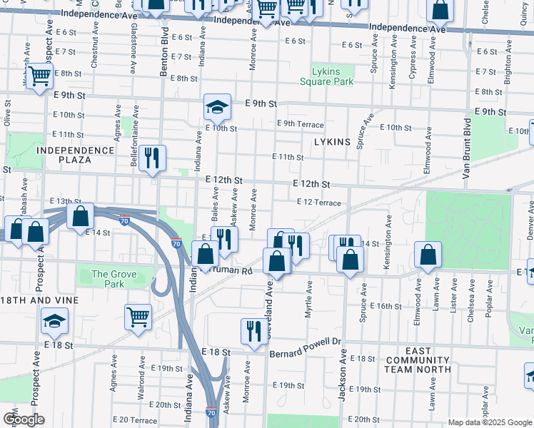 map of restaurants, bars, coffee shops, grocery stores, and more near 3803 East 12 Terrace in Kansas City