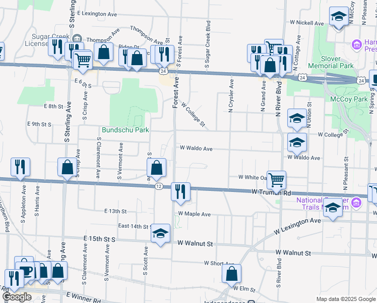 map of restaurants, bars, coffee shops, grocery stores, and more near 1517 West Waldo Avenue in Independence
