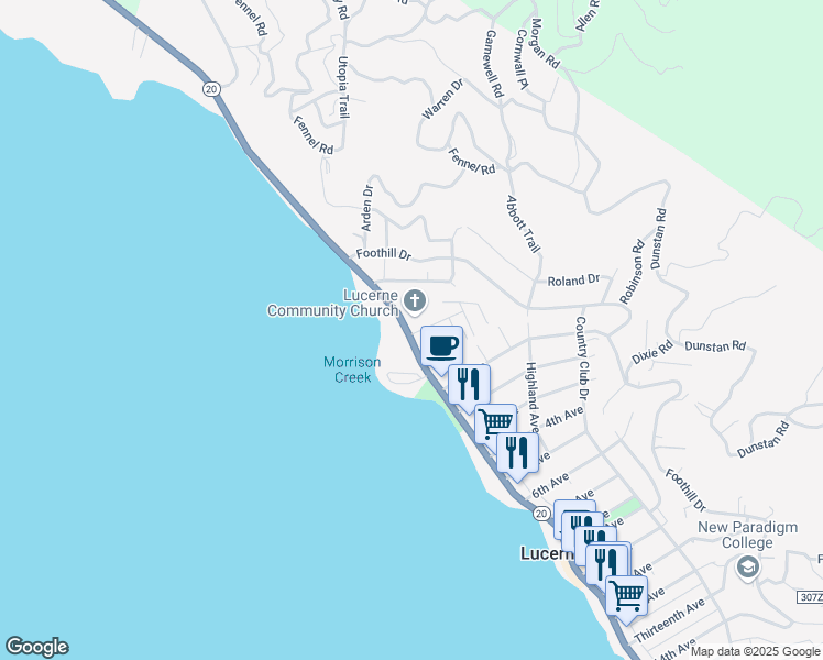 map of restaurants, bars, coffee shops, grocery stores, and more near 5890 East Highway 20 in Lucerne