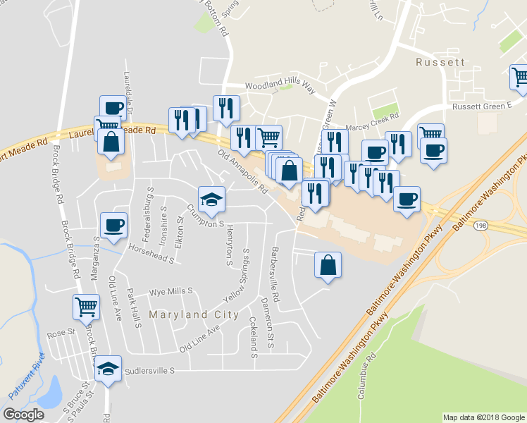 map of restaurants, bars, coffee shops, grocery stores, and more near 3335 Old Line Avenue in Laurel