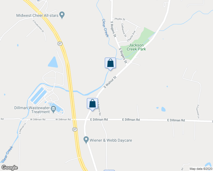map of restaurants, bars, coffee shops, grocery stores, and more near 6388 South Walnut Street in Bloomington