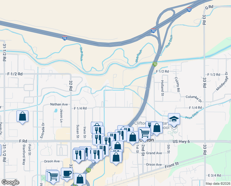 map of restaurants, bars, coffee shops, grocery stores, and more near 698 Livvy Court in Clifton