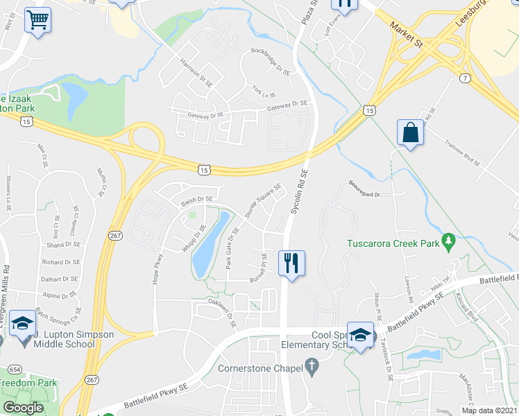 map of restaurants, bars, coffee shops, grocery stores, and more near 111 Shadwell Terrace Southeast in Leesburg