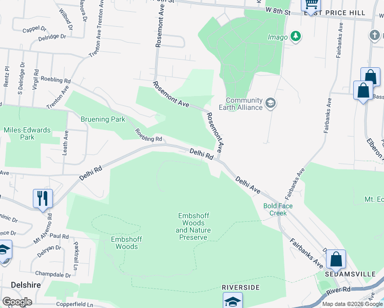 map of restaurants, bars, coffee shops, grocery stores, and more near 3950 Delhi Pike in Cincinnati