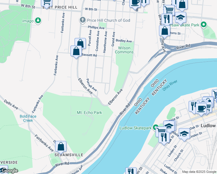 map of restaurants, bars, coffee shops, grocery stores, and more near 401 Grand Avenue in Cincinnati