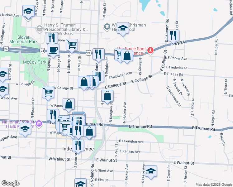 map of restaurants, bars, coffee shops, grocery stores, and more near 307 East College Street in Independence