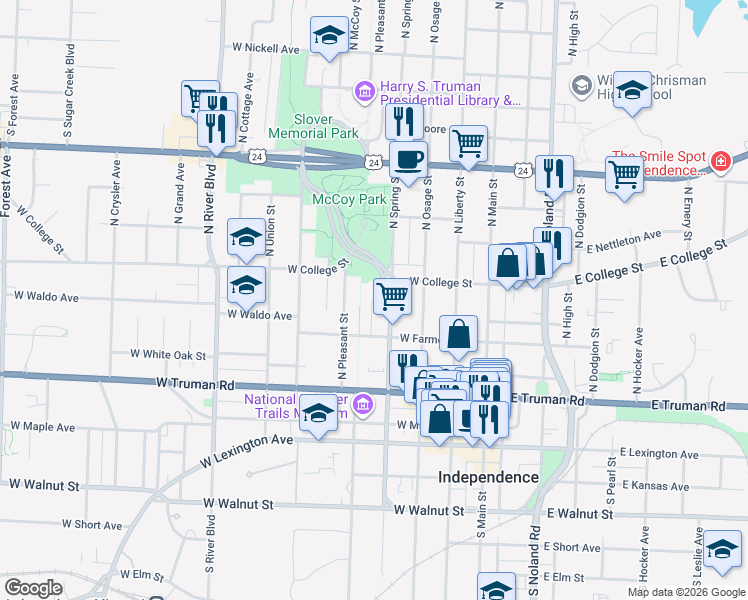 map of restaurants, bars, coffee shops, grocery stores, and more near 660 North Spring Street in Independence