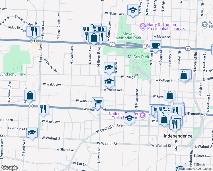 map of restaurants, bars, coffee shops, grocery stores, and more near 619 North River Boulevard in Independence