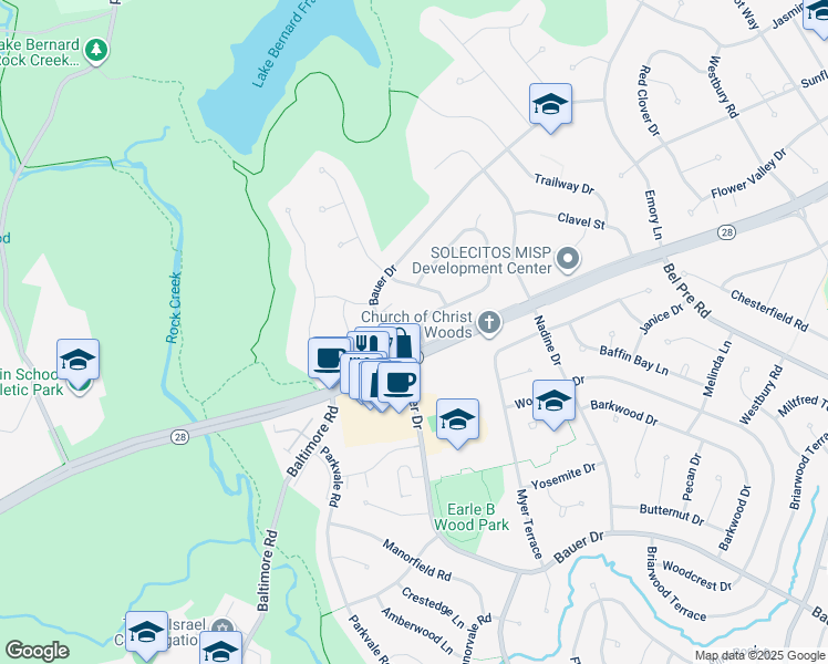 map of restaurants, bars, coffee shops, grocery stores, and more near 5404 Marlin Street in Rockville