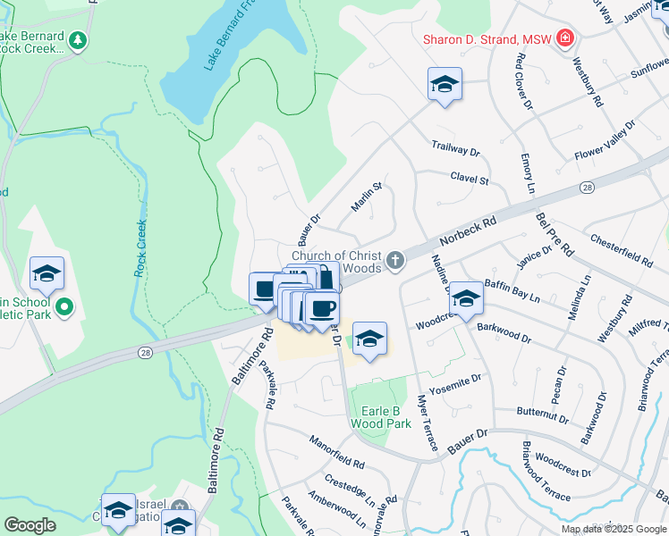 map of restaurants, bars, coffee shops, grocery stores, and more near 5404 Marlin Street in Rockville