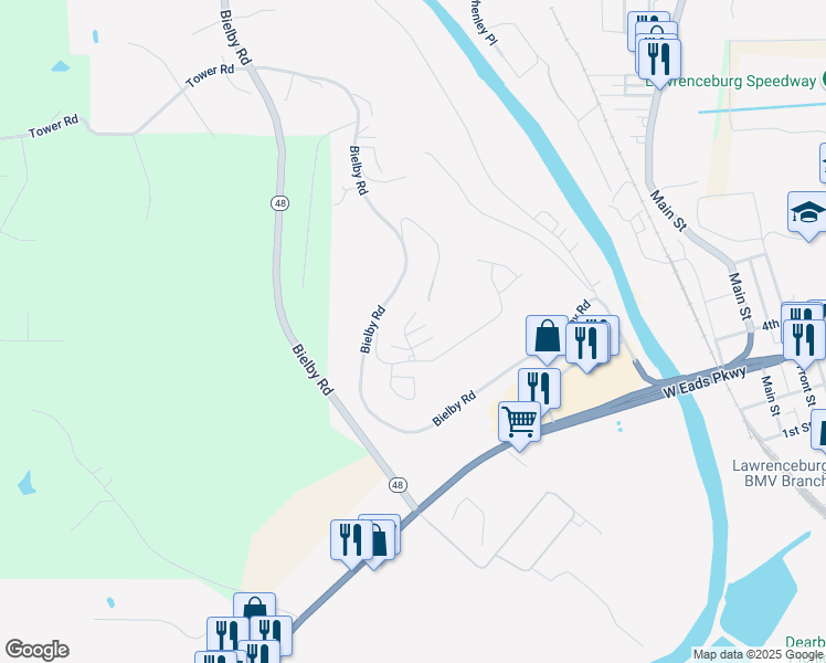 map of restaurants, bars, coffee shops, grocery stores, and more near 310 Westwind Lane in Lawrenceburg