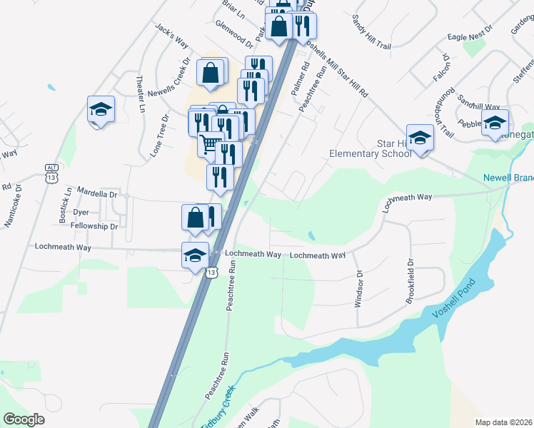 map of restaurants, bars, coffee shops, grocery stores, and more near 121 Kennison Lane in Dover