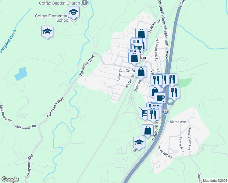 map of restaurants, bars, coffee shops, grocery stores, and more near 51 Washington in Colfax