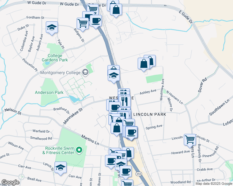 map of restaurants, bars, coffee shops, grocery stores, and more near 900 Hungerford Drive in Rockville