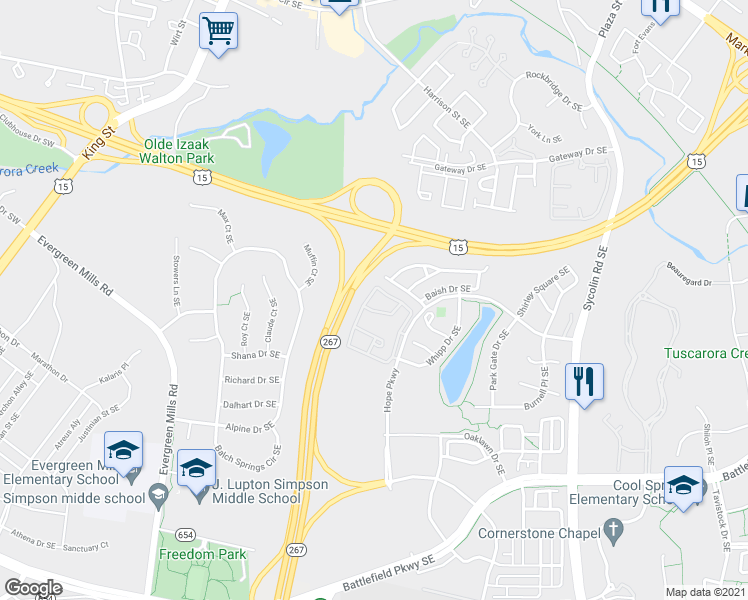 map of restaurants, bars, coffee shops, grocery stores, and more near 503 Sunset View Terrace Southeast in Leesburg