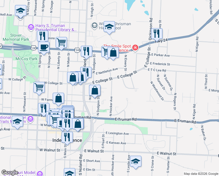 map of restaurants, bars, coffee shops, grocery stores, and more near 620 North Hocker Avenue in Independence