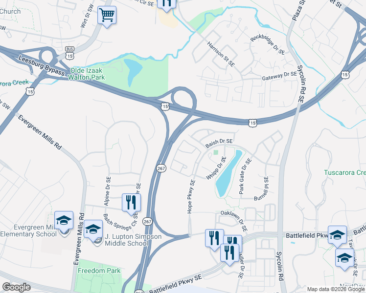 map of restaurants, bars, coffee shops, grocery stores, and more near 504 Sunset View Terrace Southeast in Leesburg