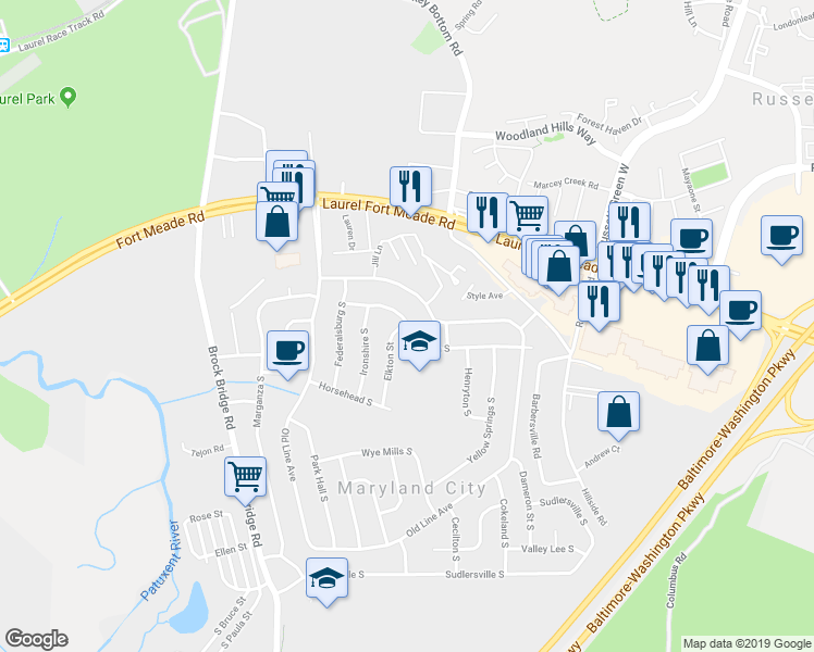 map of restaurants, bars, coffee shops, grocery stores, and more near 123 Elkton Street in Maryland City