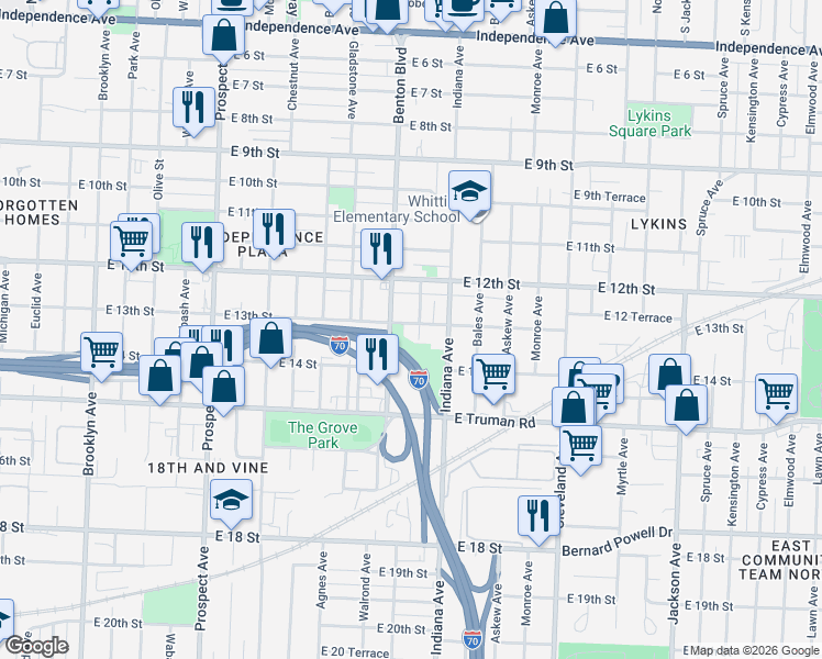 map of restaurants, bars, coffee shops, grocery stores, and more near 1302 College Avenue in Kansas City