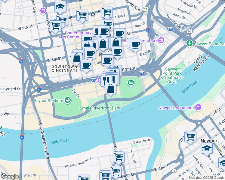 map of restaurants, bars, coffee shops, grocery stores, and more near in Cincinnati