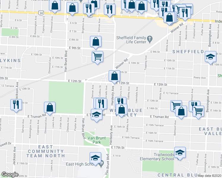 map of restaurants, bars, coffee shops, grocery stores, and more near 1218 Hardesty Avenue in Kansas City