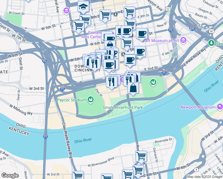 map of restaurants, bars, coffee shops, grocery stores, and more near 25 Second Street West in Cincinnati