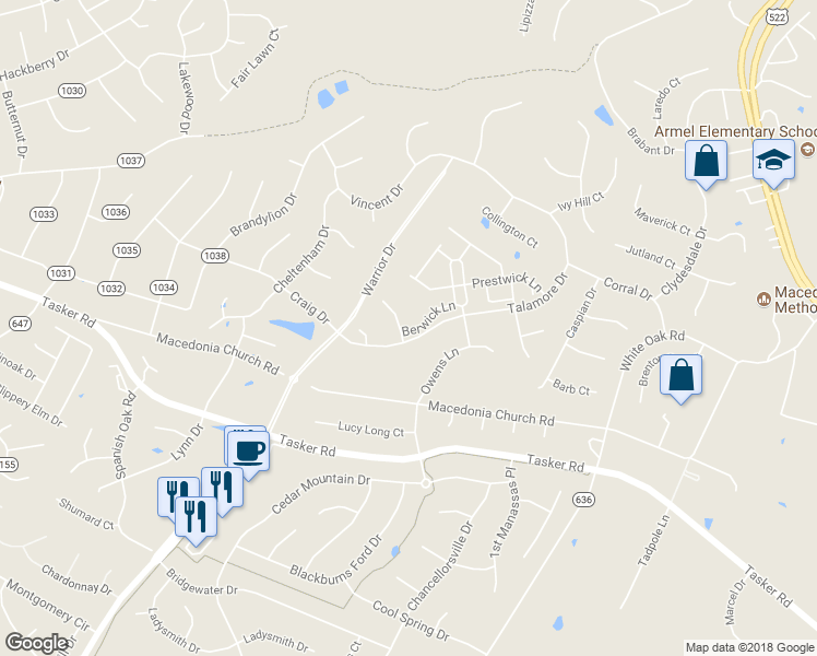 map of restaurants, bars, coffee shops, grocery stores, and more near 105 Berwick Lane in Stephens City