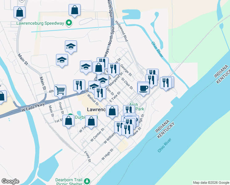 map of restaurants, bars, coffee shops, grocery stores, and more near 413 Arch Street in Lawrenceburg