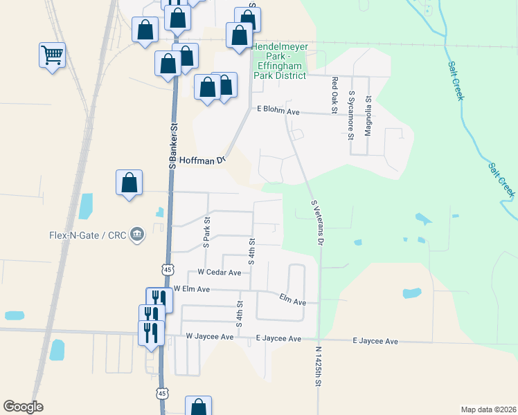 map of restaurants, bars, coffee shops, grocery stores, and more near 100 East Hawthorne Drive in Effingham