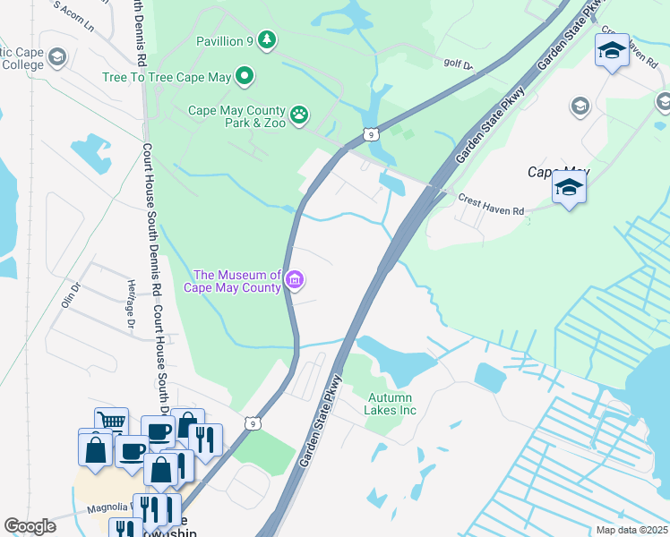 map of restaurants, bars, coffee shops, grocery stores, and more near 10 Easy Street in Cape May County