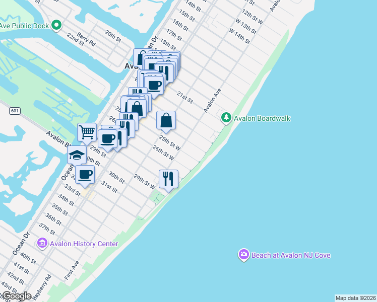 map of restaurants, bars, coffee shops, grocery stores, and more near 45 24th Street East in Avalon