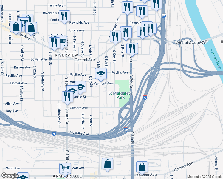 map of restaurants, bars, coffee shops, grocery stores, and more near 759 Vermont Avenue in Kansas City