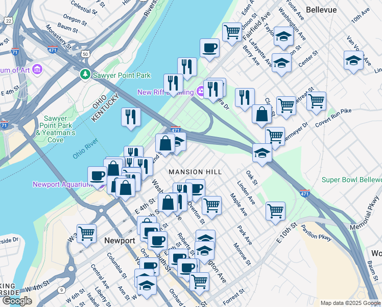 map of restaurants, bars, coffee shops, grocery stores, and more near 536 3rd Street in Newport