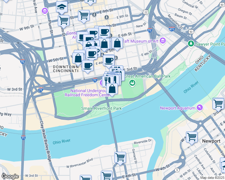 map of restaurants, bars, coffee shops, grocery stores, and more near in Cincinnati