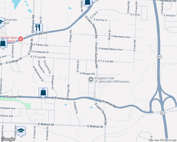 map of restaurants, bars, coffee shops, grocery stores, and more near 711 North Frandsen Road in Independence