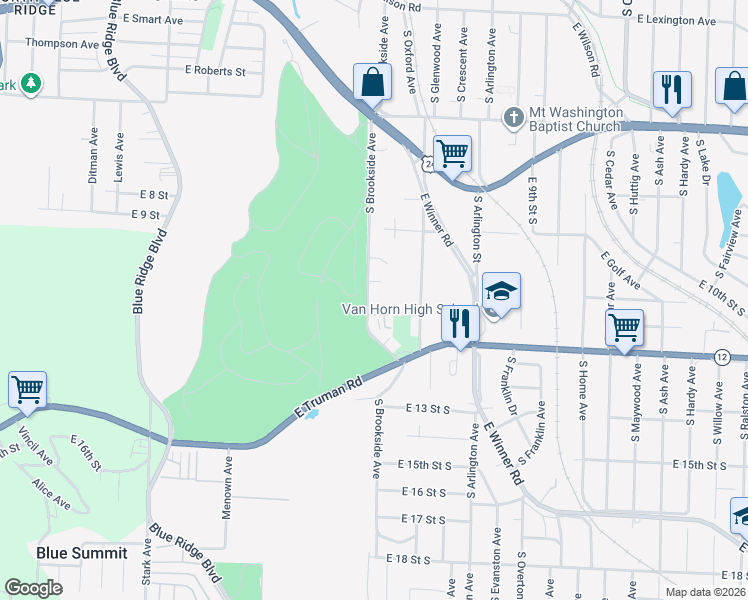 map of restaurants, bars, coffee shops, grocery stores, and more near 1017 South Brookside Avenue in Independence