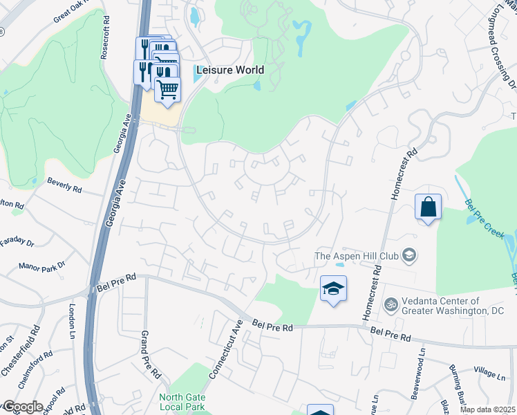 map of restaurants, bars, coffee shops, grocery stores, and more near 3408 Chiswick Court in Silver Spring