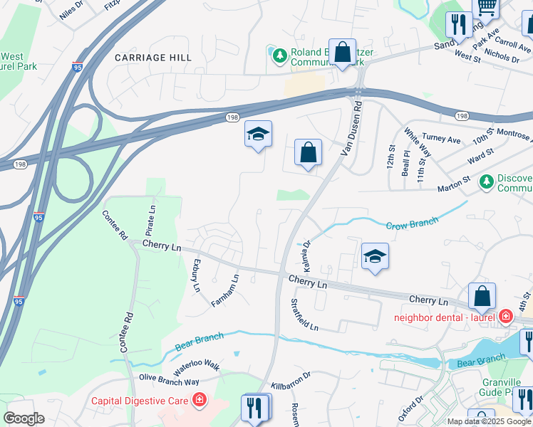 map of restaurants, bars, coffee shops, grocery stores, and more near 15043 Cherrywood Drive in Laurel