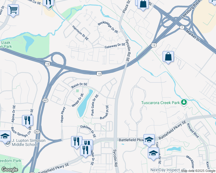 map of restaurants, bars, coffee shops, grocery stores, and more near 110 Shadwell Terrace Southeast in Leesburg