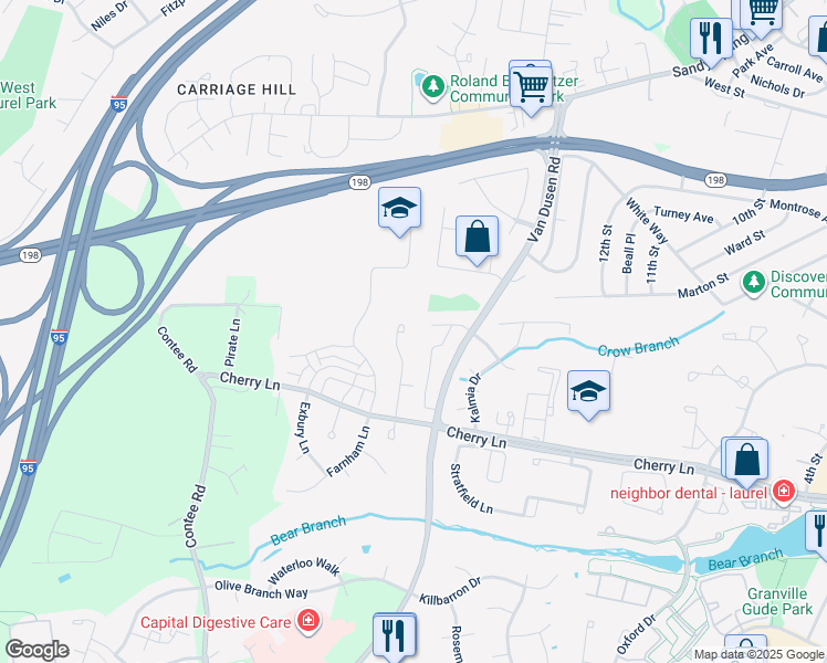 map of restaurants, bars, coffee shops, grocery stores, and more near 15043 Cherrywood Drive in Laurel