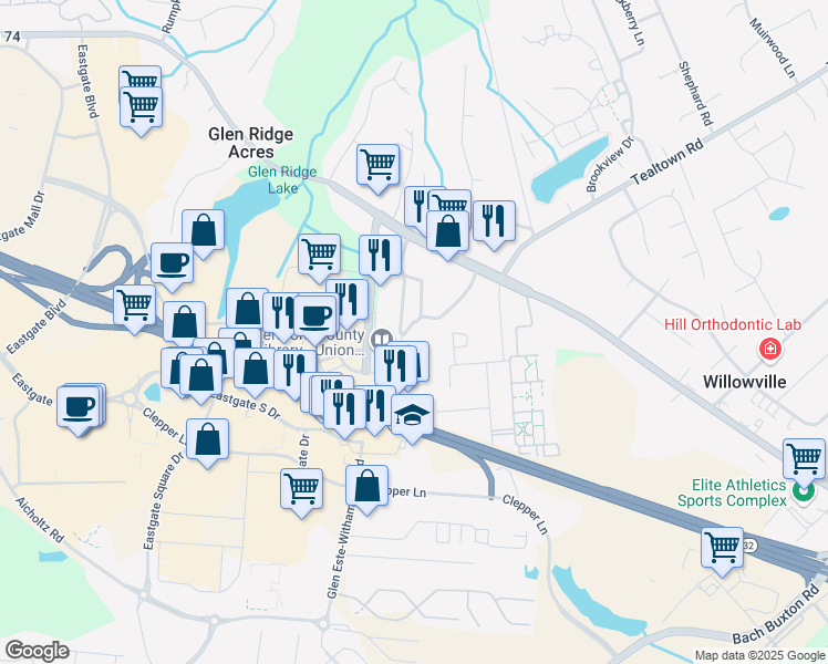 map of restaurants, bars, coffee shops, grocery stores, and more near 4464 Timber Glenn Drive in Batavia