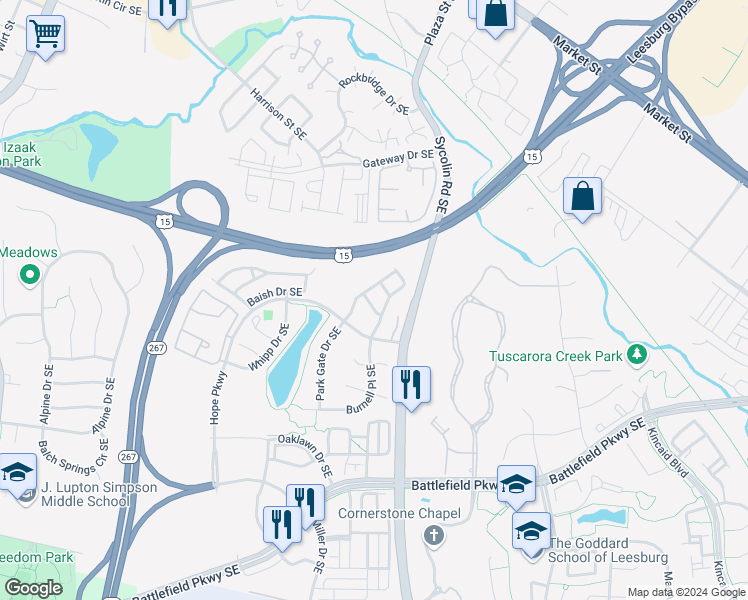 map of restaurants, bars, coffee shops, grocery stores, and more near 110 Shadwell Terrace Southeast in Leesburg