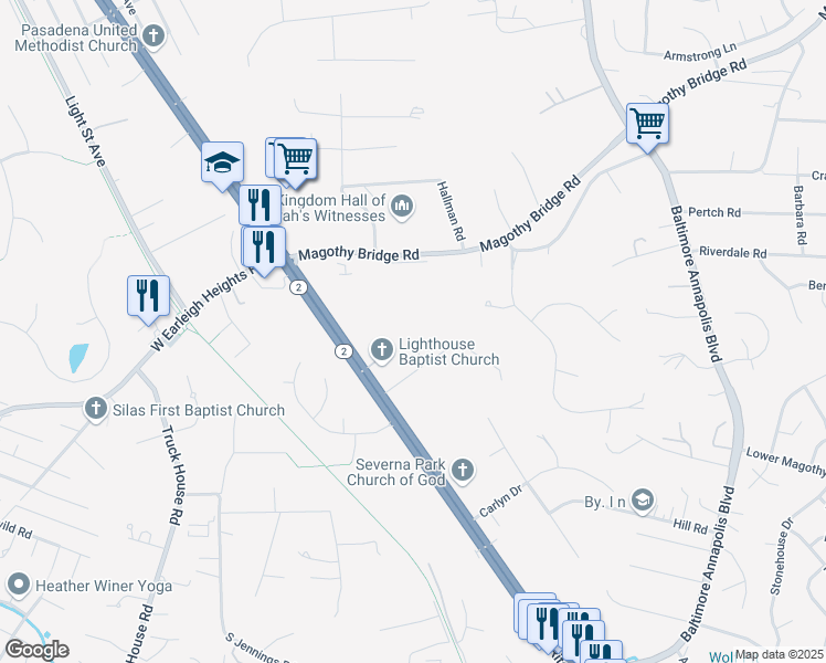 map of restaurants, bars, coffee shops, grocery stores, and more near 21 Coachmans Road in Severna Park