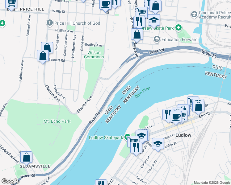 map of restaurants, bars, coffee shops, grocery stores, and more near 2489 River Road in Cincinnati