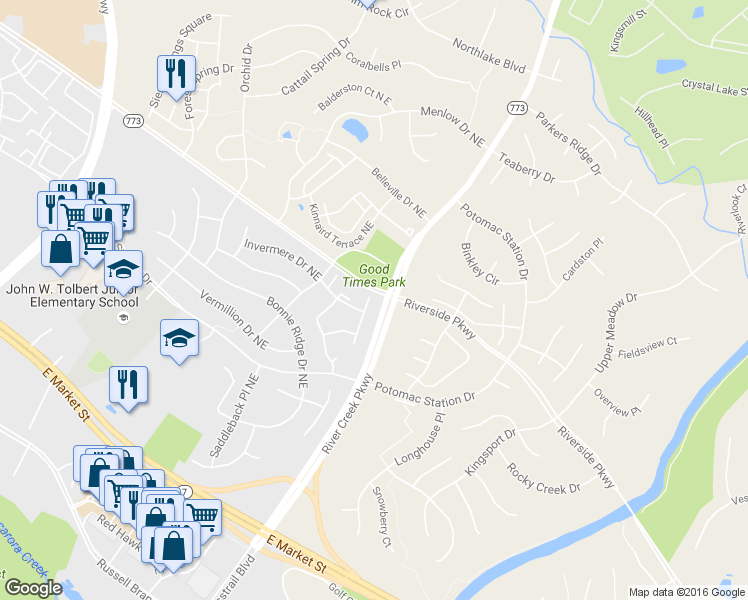 map of restaurants, bars, coffee shops, grocery stores, and more near 844 Revelstore Terrace Northeast in Leesburg