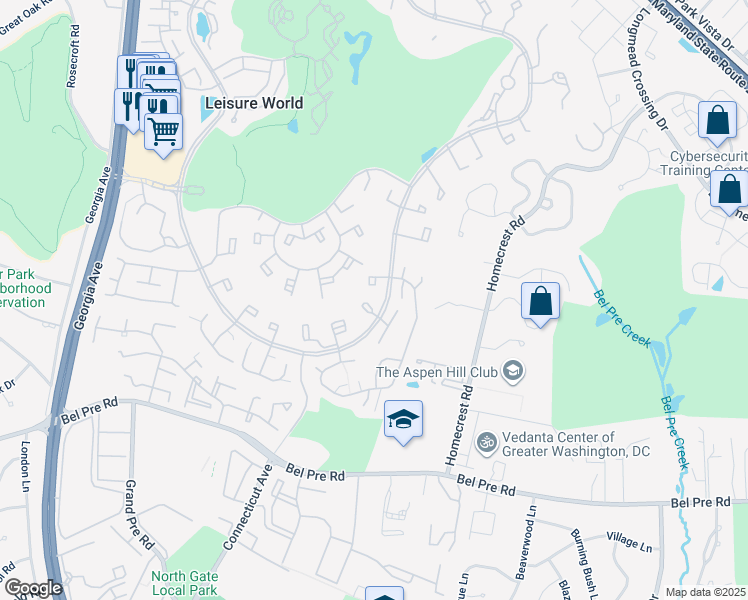 map of restaurants, bars, coffee shops, grocery stores, and more near 3365 South Leisure World Boulevard in Silver Spring