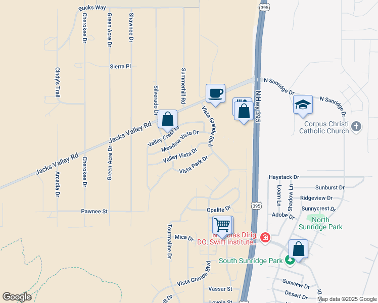 map of restaurants, bars, coffee shops, grocery stores, and more near 3570 Overlook Court in Carson City