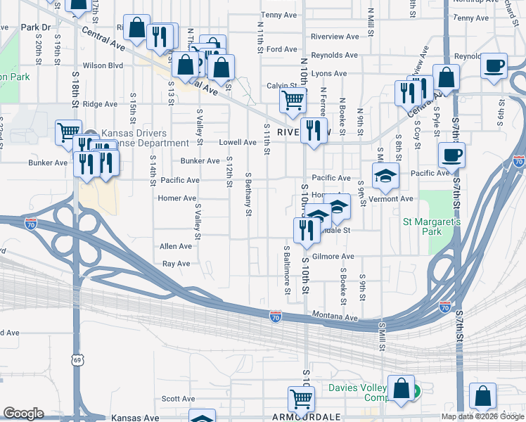 map of restaurants, bars, coffee shops, grocery stores, and more near 230 South 11th Street in Kansas City