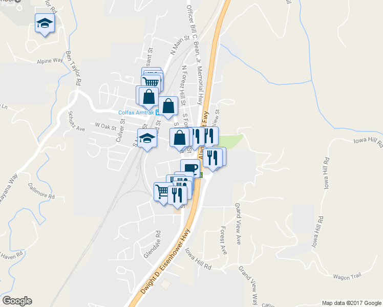 map of restaurants, bars, coffee shops, grocery stores, and more near 255 Officer Bill C. Bean, Jr Memorial Hwy in Colfax
