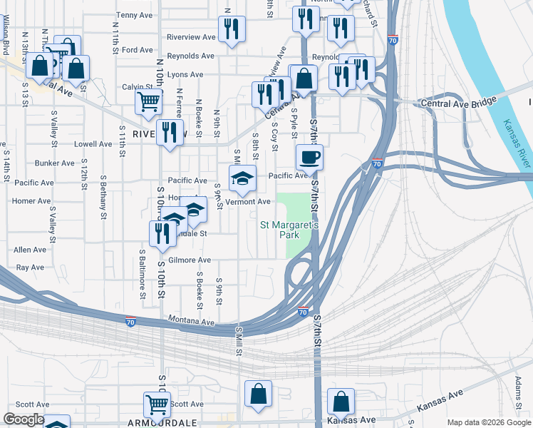 map of restaurants, bars, coffee shops, grocery stores, and more near 759 Vermont Avenue in Kansas City